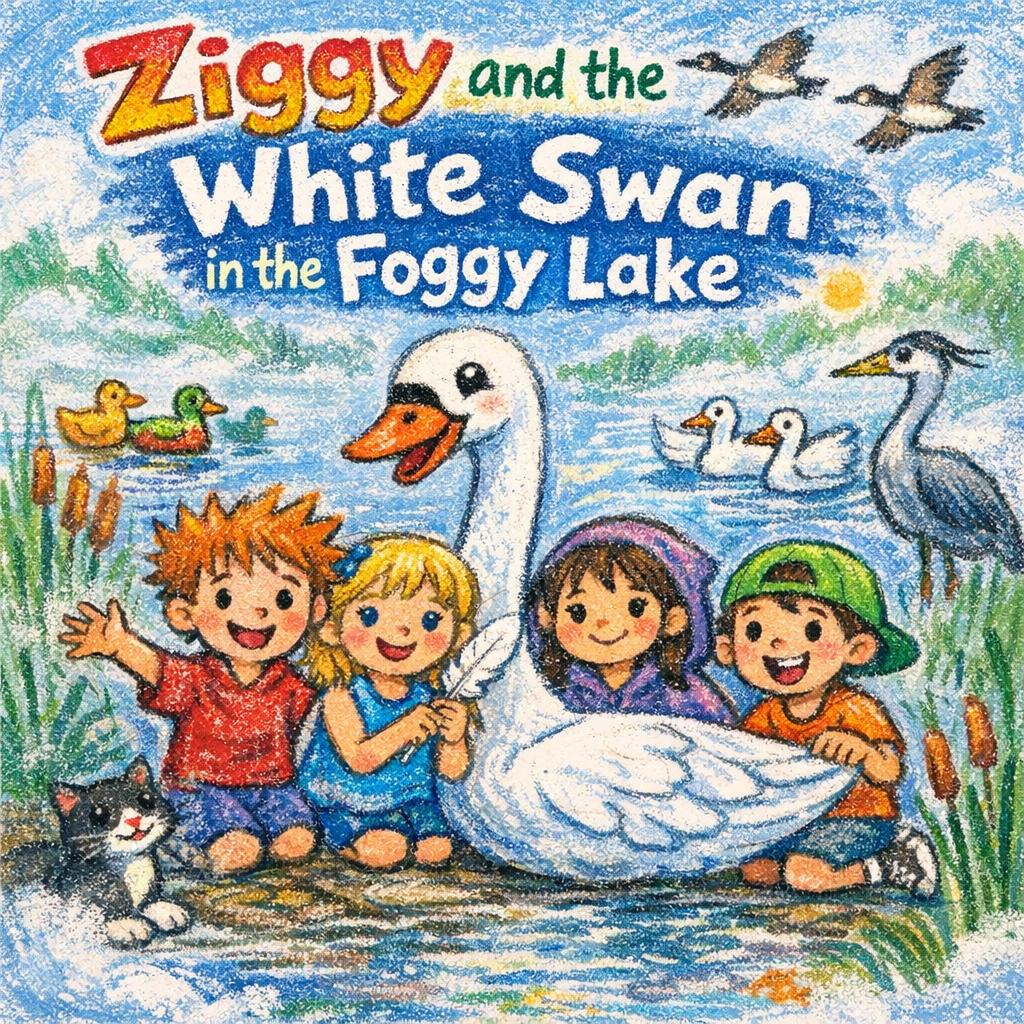 Ziggy and the White Swan in the Foggy Lake